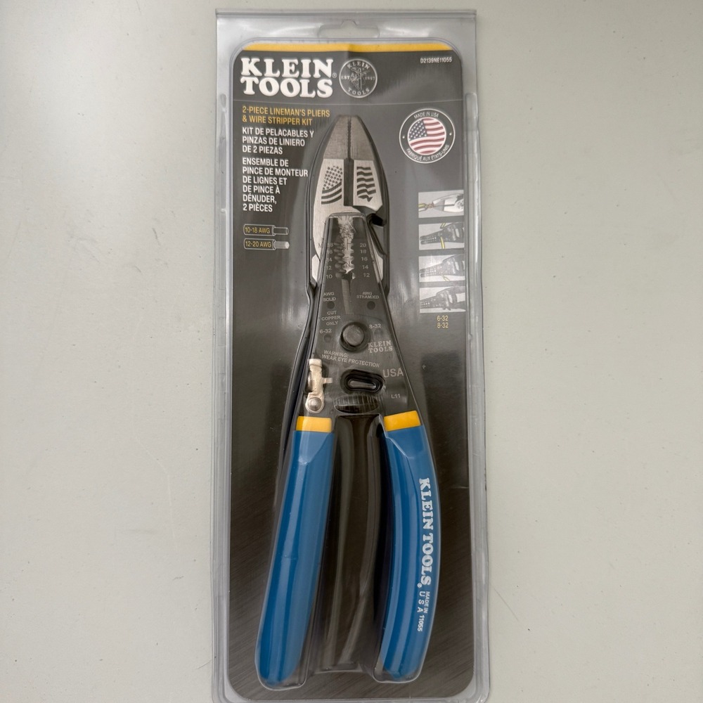 Klein Tools 2 Piece Lineman Pliers Wire Stripper Cutter Kit Made in USA NEW